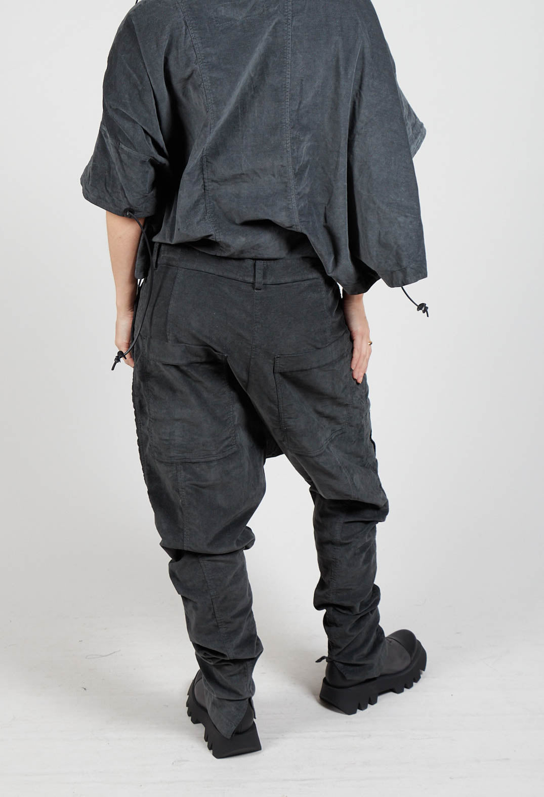 Wrinkled Drop Crotch Trousers in Coal Cloud