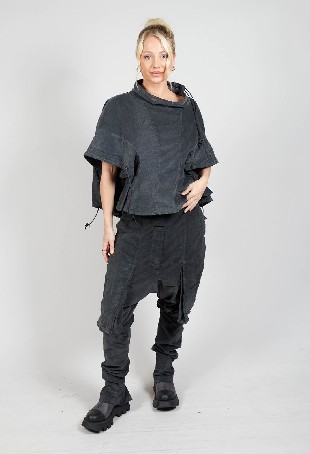 Wrinkled Drop Crotch Trousers in Coal Cloud