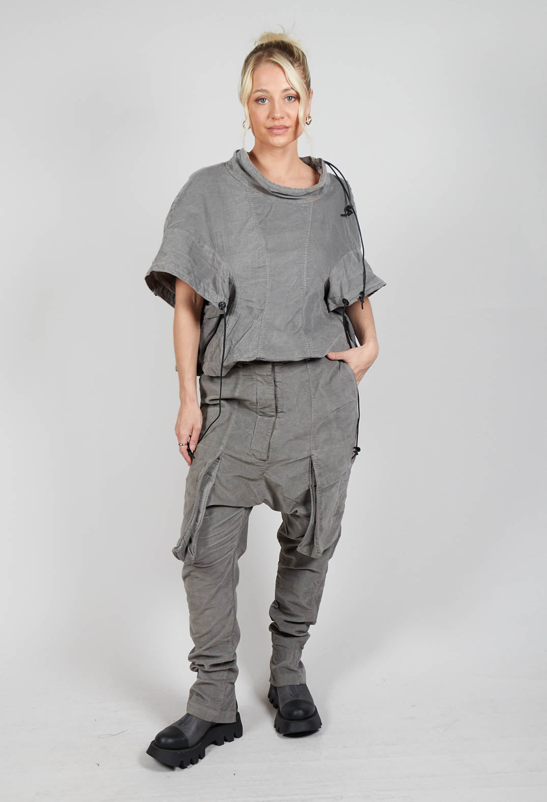 Wrinkled Drop Crotch Trousers in Pencil Cloud