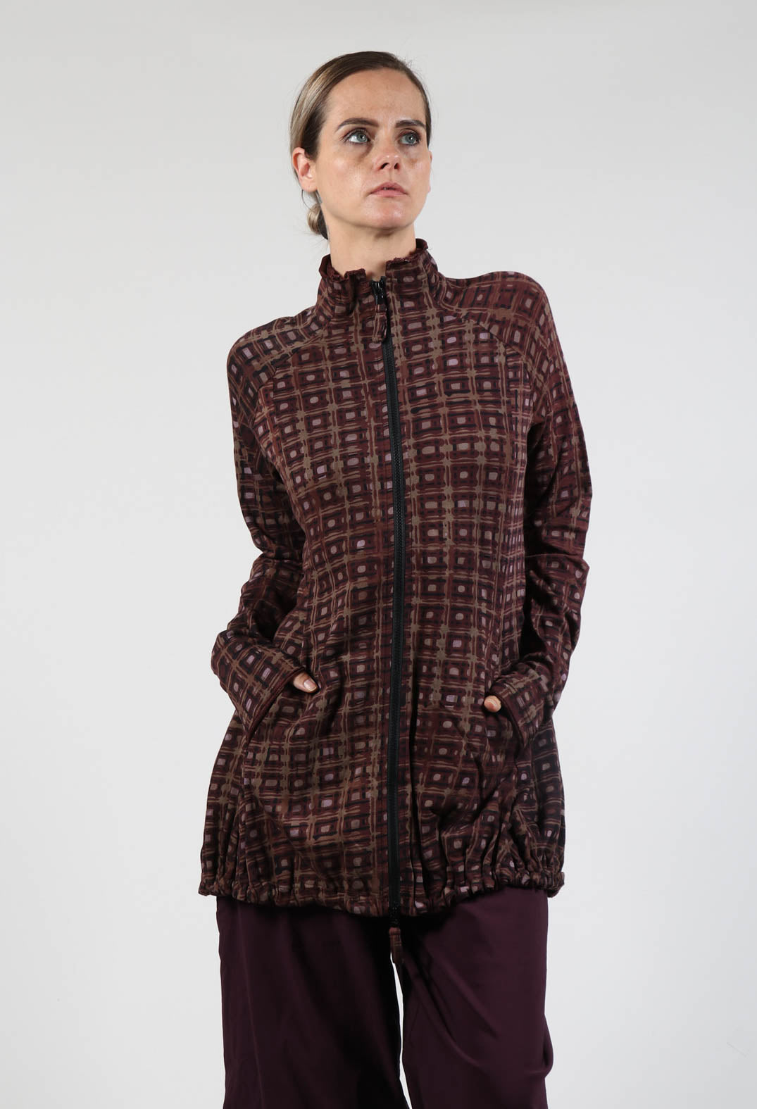 Zip Through Jacket with Gathered Hem in Bronze Check