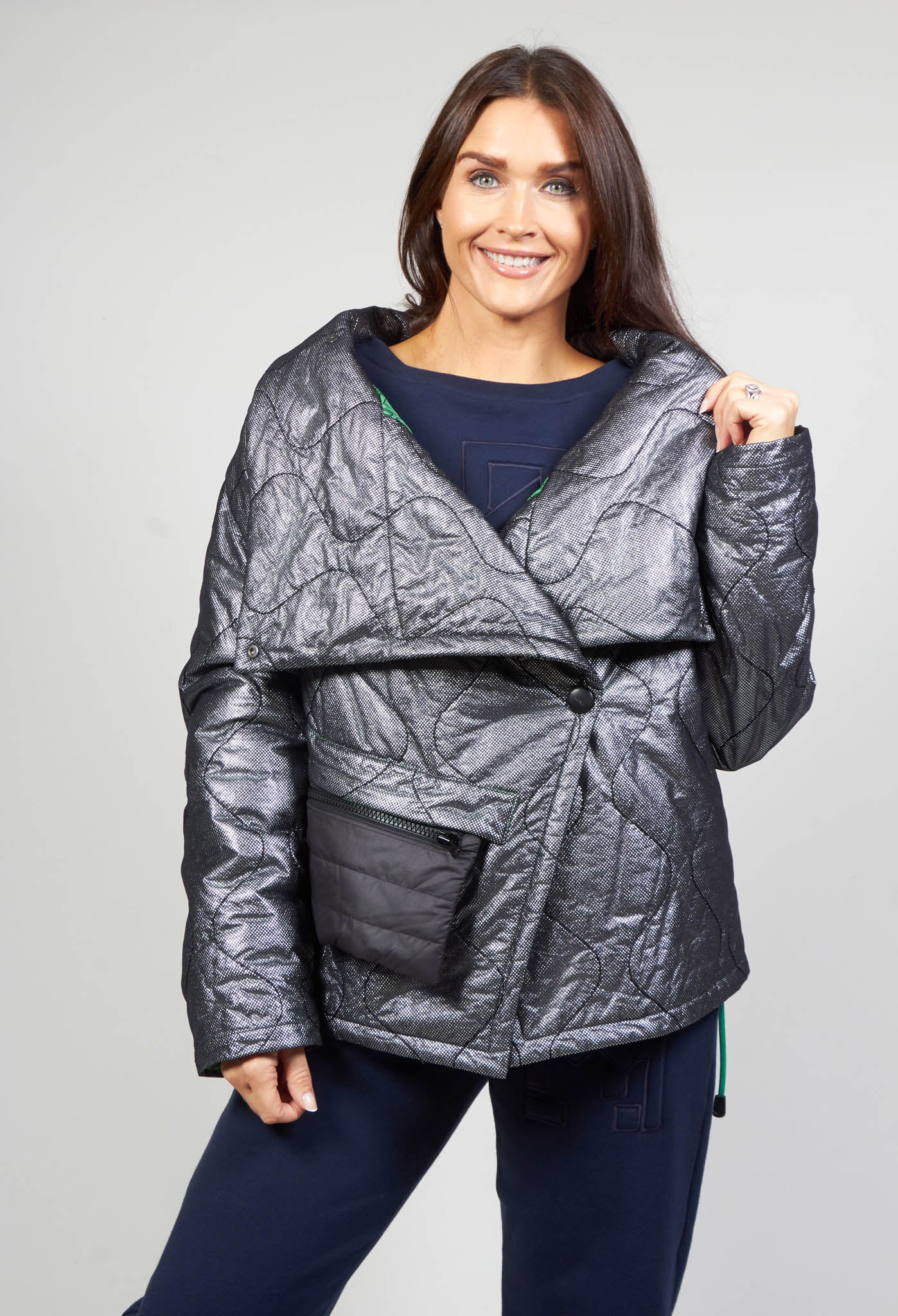 Metallic Puffer Jacket in Ortoclasio Black Silver Olivia May