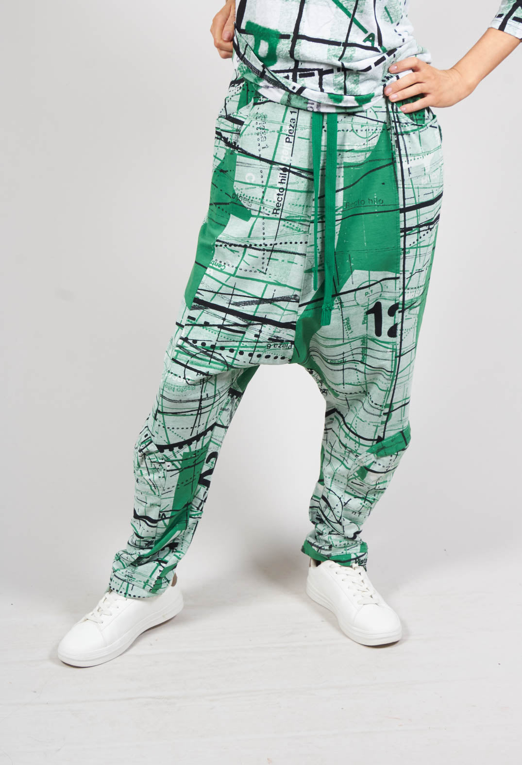 Jersey Drop Crotch Trousers with All Over Pattern in Apple Print