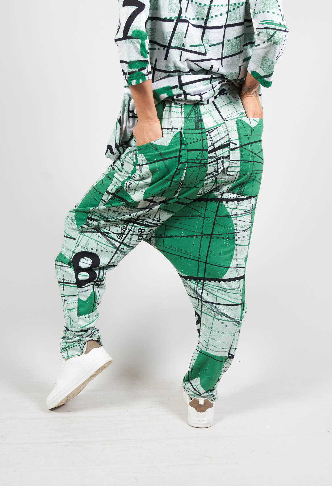 Jersey Drop Crotch Trousers with All Over Pattern in Apple Print