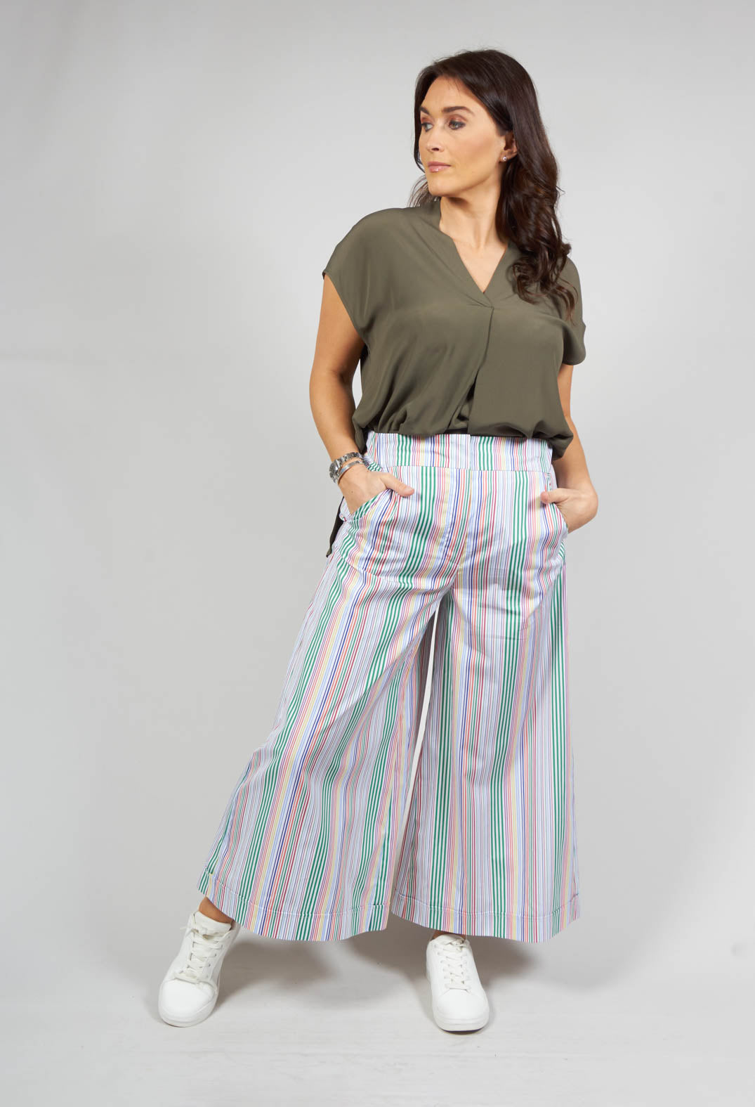 Ecru Slim Pants With Multi-Coloured Floral Embroidery