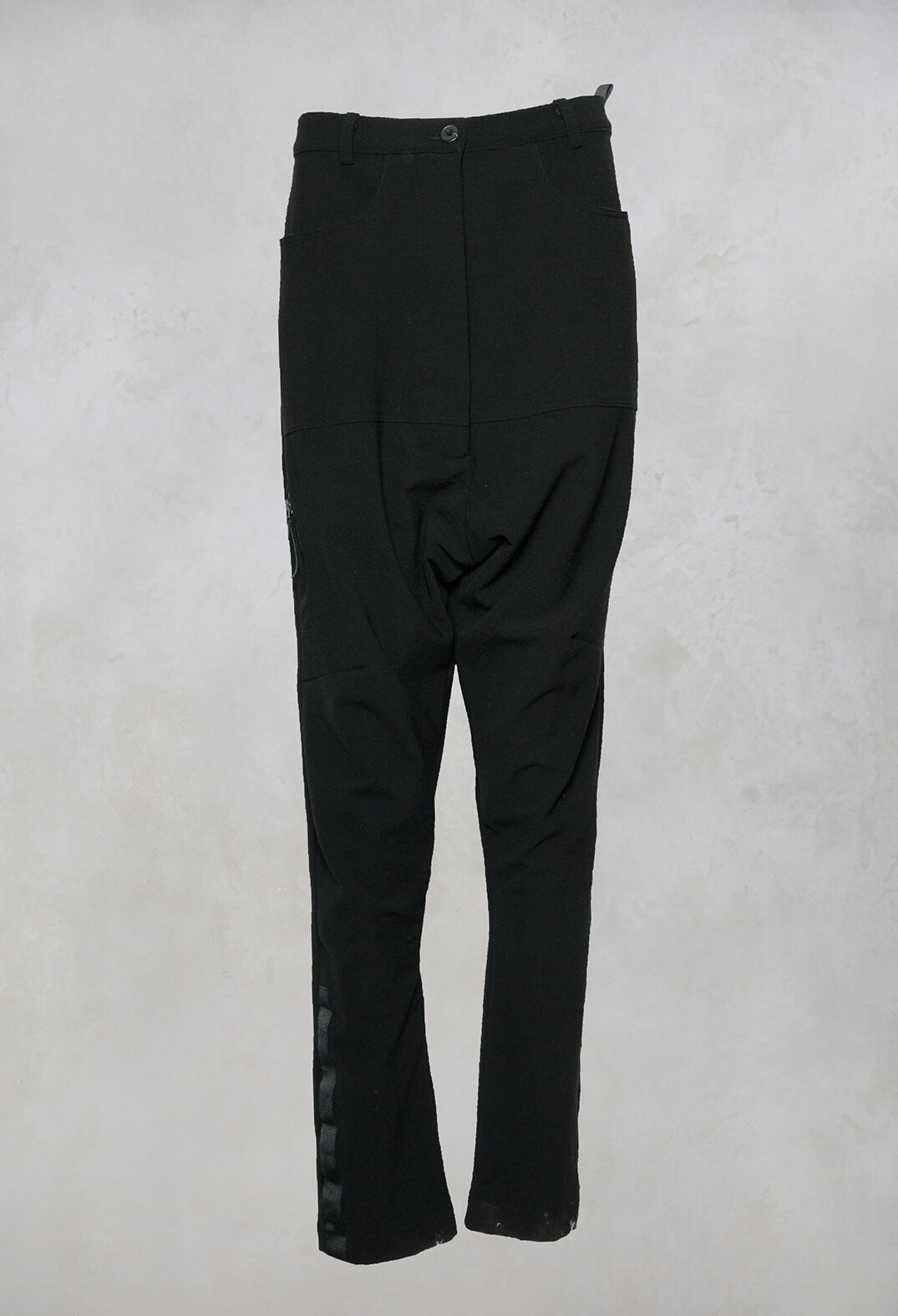 Low Drop Crotch Trousers with Military Trim in Black